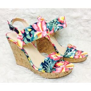 Jessica Simpson Floral, Tropical Print, Strap Wedge Cork Heels